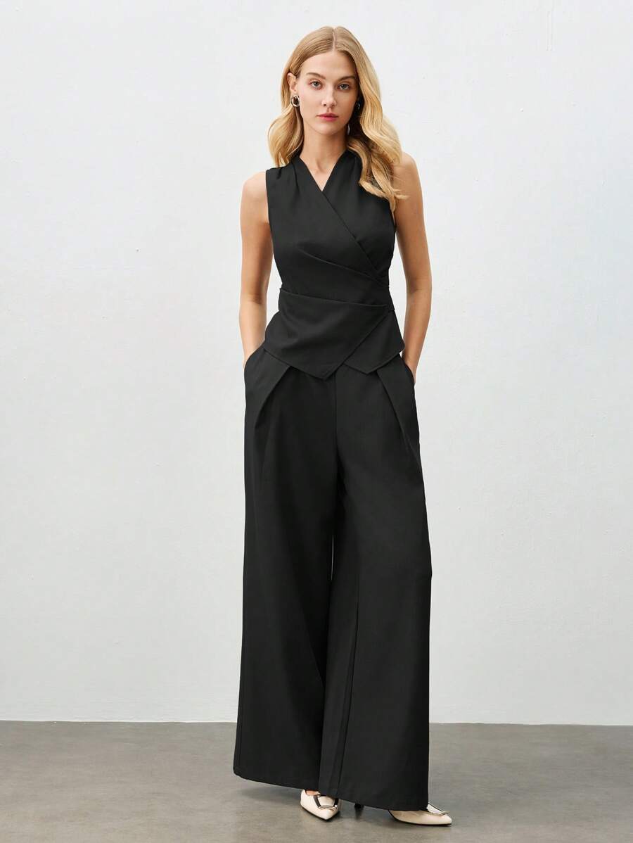 BizChic 女式黑色褶皱腰无袖背心套装，浪漫优雅的日常时尚商务休闲装，适合办公室、通勤、秋冬复古风格 - 黑色 - 查看 1