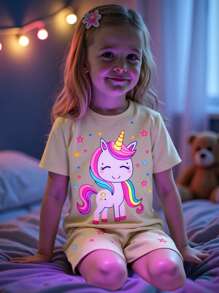 2 件套年轻女孩可爱独角兽图案海军蓝短袖上衣和短裤舒适睡衣套装