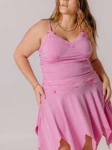 Aralina Áo camisole ôm sát, gợi cảm, chất liệu jersey, viền ren, dây buộc nơ, dành cho người có thân hình đầy đặn. - Màu Hồng Tươi - Xem 3