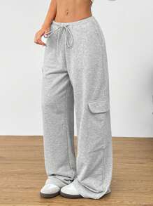 Muchica Women's Light Grey Knitted Fabric Long Sweatpants With Pockets And Drawstring Waist - Light Grey - View 4