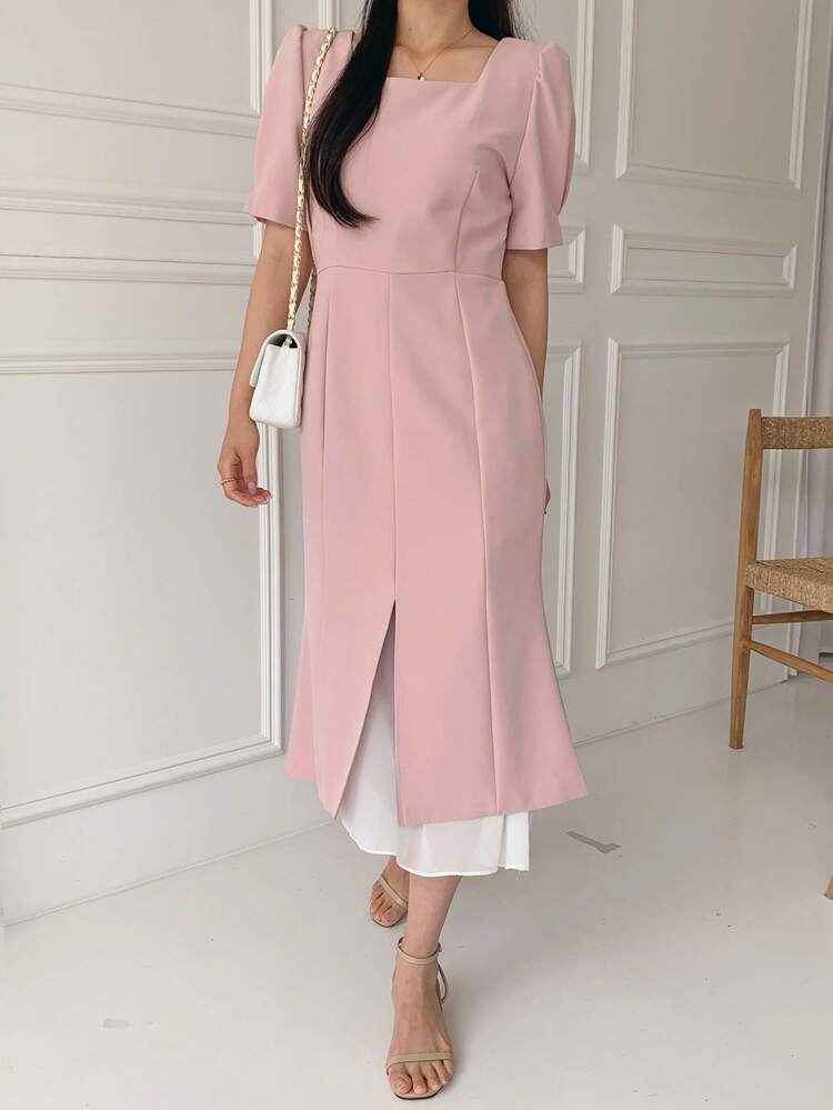 Women's Solid Color Square Neck Puff Sleeve Fitted Pink Elegant Mid-Length Summer Dress