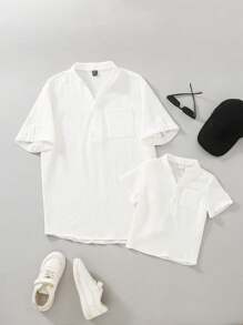 Camisa casual de manga corta y cuello liso de color blanco para hombres, con cierre de botones y punto de canalé, para uso cotidiano en primavera/verano
