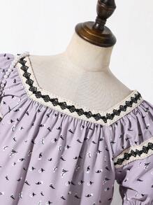 SHEIN 青少年女孩夏季方领碎花休闲泡泡袖衬衫 - 灰色 - 查看 6