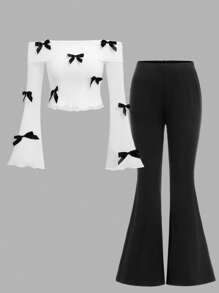 SHEIN Tween Girl Casual Off Shoulder Bow Blouse With Solid Color Flare Pants 2pcs Set - Black and White - View 4
