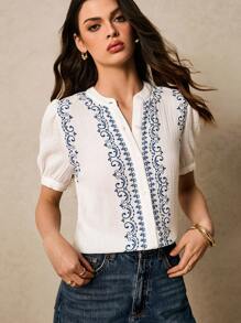 Poéselle 白衬衫、度假衬衫、棉质衬衫、波西米亚风、女士植物刺绣V领短泡泡袖休闲衬衫 - 白色 - 查看 6