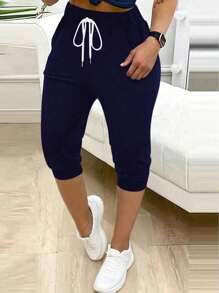 Plus Size Casual Solid Color 7/8 Length Pants, Versatile