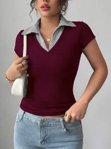 Selianne Blusa casual elegante de negocios Rafferiza para mujer, cómoda y sofisticada, con escote en V, de rayas, 2 en 1, de tela acanalada elástica de alta calidad, corte ajustado, para primavera/verano, de manga corta, en color rojo borgoña