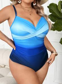 SHEIN CURVE+ Plus Size Women Gradient Paneled Underwire One-Piece Swimsuit For Summer Beach Vacation - Blue - View 3