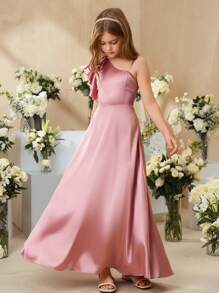 SHEIN 女孩优雅缎面单肩荷叶边装饰腰部 A 字长裙，花童/伴娘/生日派对/婚礼，青年尺码 - 粉色 - 查看 3