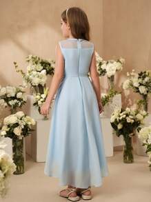 SHEIN Tween Girl Elegant Solid Color Mesh Panel Asymmetric Hem Dress - Baby Blue - View 2