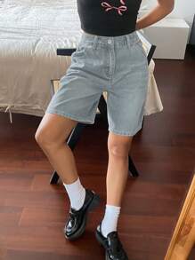 Livesso 女式猫须做旧直筒七分牛仔短裤 - 藍色 - 查看 7