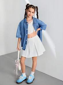 Camisa vaquera de manga corta de tencel/lyocell para niñas, color azul claro, ropa exterior casual de ajuste cómodo y ceñido