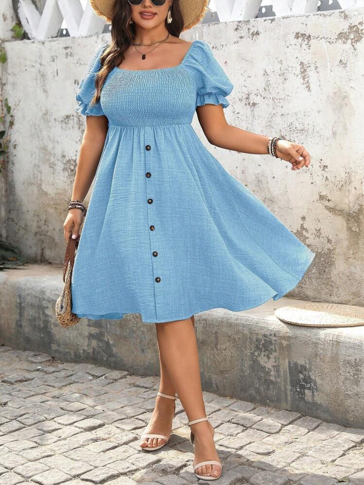 SHEIN LUNE Women Plus Size Solid Color Denim Effect Puff Sleeve Front Buttons Decor A-Line Dress - Baby Blue - View 4