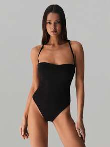 SHEIN Unity Bodysuit Kasual Model Halter Neck dengan Bagian Belakang Silang - Hitam - View 2