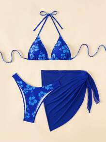 Swim Mod 3pcs/Set Women Halter Neck Triangle Bra & Brief Bikini Set With Sarong Skirt For Summer Beach Vacation - Multicolor - View 3