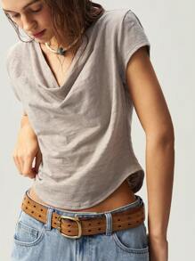 Bohemela Camiseta feminina de malha com decote em V e manga curta e ajuste