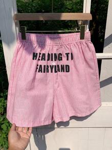 Comfortcana Women's Summer Letter Print Striped Elastic Waist Loose Casual Shorts Biker Shorts, Vacation Woman, Brunch For Women - Pink - View 4