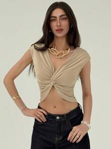 Aloruh Camiseta de mujer de cuello en V con manga retorcida para oficina y uso diario, nueva llegada de primavera/verano - Caqui - Ver 4