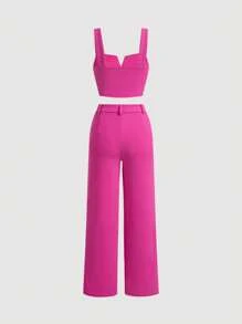 SHEIN MOD Women's Camisole Top And Wide Leg Pants Outfit - Hot Pink - View 2