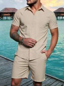 Manfinity RSRT Men's Casual Fashion Short Sleeve Shirt And Solid Color Pocket Shorts Set - Apricot - View 1