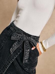 Poéselle Pocket Side Wrap Belted Skirt - Black - View 3