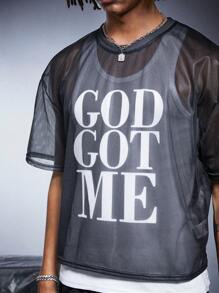 PAVTROS Manfinity Streetrush Men's Mesh Fabric "GOD GOT ME" T-Shirt Set , Men Clothes Men T Shirt Co Ords - Black - View 2