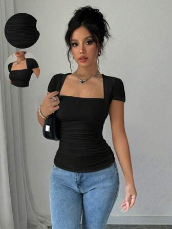 Rafferiza 时尚紧身 T 恤，插肩袖，U 领，褶饰腰部，有弹性，白色，春夏，女士