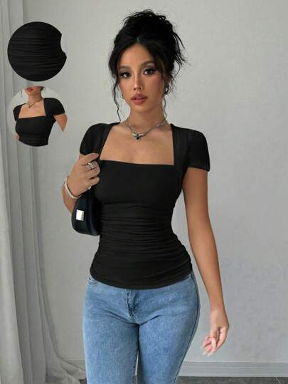 Gloray Camiseta ajustado de moda con mangas raglan, cuello en U, cintura fruncida, elástica, blanca, para primavera/verano, para mujeres