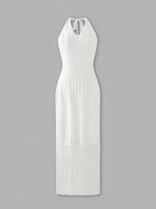 Maija Women's White Ivory V-Neck Fringed Pendant Hem Spring&Summer Bohemian Chic Elegant Vacation Holiday Autumn Fitted Tie-Up Maxi Knitted Dress - White - View 7