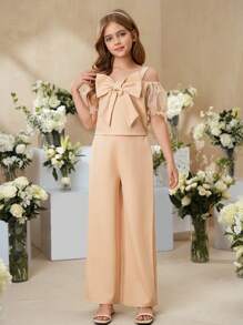 SHEIN Tween-Mädchen Unifarben Off-Shoulder Strickkleid mit floralem Patchwork und enger Passform, elegantes rotes Prinzessinnenkleid