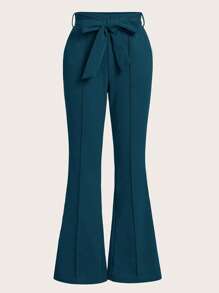 SHEIN Clasi Women's Solid Color Knotted Waist Flare Leg Casual Pants - Teal Blue - View 1