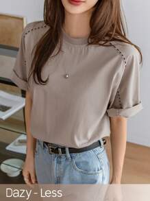 DAZY Fashionable Round Neck Casual Drop-Shoulder T-Shirt Summer - Khaki - View 3