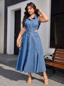 SHEIN Essnce Abito in jeans estivo senza maniche e sexy, di taglia grande, alla moda