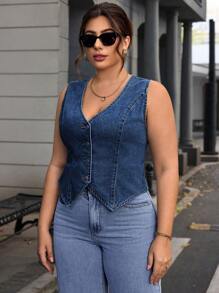 SHEIN Essnce 大码女式单排扣V领休闲牛仔背心夹克 - 深色水洗藍 - 查看 5