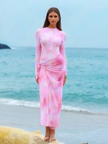Swim Shayni 3pcs/Set Women's Summer Tie-Dye Print Long Sleeve Zip-Up Rashguard, Pants & Gauze Skirt Swimsuit Beach Set - Pink - View 1