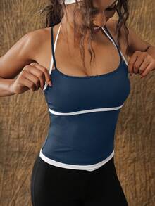 VARSIVA 时尚简约黑白撞色方领吊带女士运动T恤背心 - 藏蓝色 - 查看 5