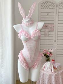 SHEIN 3 件套女士性感荷叶边蕾丝连体裤 - 粉色 - 查看 6