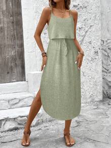 SHEIN LUNE Women's Casual Ribbed Sleeveless Slit Long Maxi Dress With Drawstring, Basic Daily Wear, Spring/Summer - Green - View 3