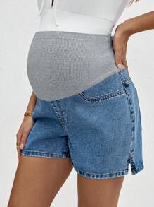 SHEIN Shorts vaqueros de maternidad de cintura alta con bloques de color, para verano, Día de la Madre, 4 de julio, graduación, brunch