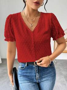 EMERY ROSE Women Short Sleeve Solid Color Casual Blouse, Suitable For Summer - Red - View 3