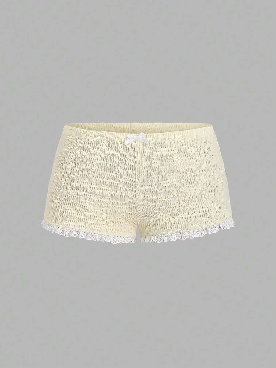 Sweetra Quần short thường ngày xếp ly mini thắt nơ eo thấp phong cách ballet Mỹ cổ điển - Màu vàng - Xem 1