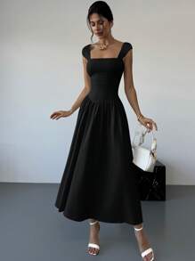 Firerie Vestido largo de corte evasé con cuello cuadrado, mangas abullonadas y detalles de lazo. Elegante y adecuado para citas, primavera/verano