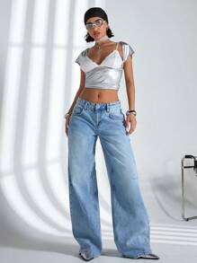 EURMUSE Y2K Low Waist Wide Leg Jeans, Vintage Wash - Medium Wash - View 6