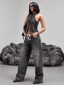 Jeans casual, diritti, con vita bassa, versatili, con tasche, in stile retrò, da donna