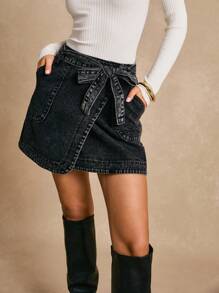 Poéselle Pocket Side Wrap Belted Skirt - Black - View 2