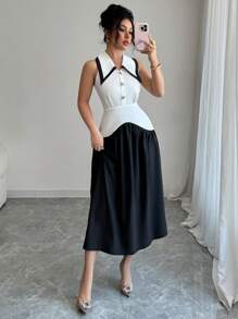 Elenzga Vestido sem mangas preto e branco com blocos de cores e comprimento médio - Preto e Branco - Ver 6