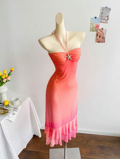 Soleia 金属装饰荷叶边领度假渐变色长裙