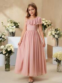 SHEIN 少女纯色荷叶边单肩优雅连衣裙 - 粉色 - 查看 7