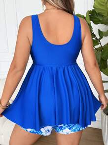 SHEIN CURVE+ Bộ đồ bơi 2 mảnh cỡ lớn cho nữ, Bộ bikini tankini họa tiết hoa, Trang phục đi biển mùa hè - Màu xanh lam - Xem 2