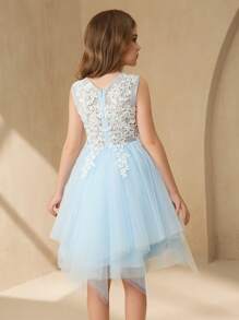 SHEIN Wedding Flower Girl Princess Tulle Dress, Tween Girl Formal Party Gown, Flower Girl Dress, Flower Girl Bridesmaid Dress, Girls Piano Recital Dress - Blue - View 2